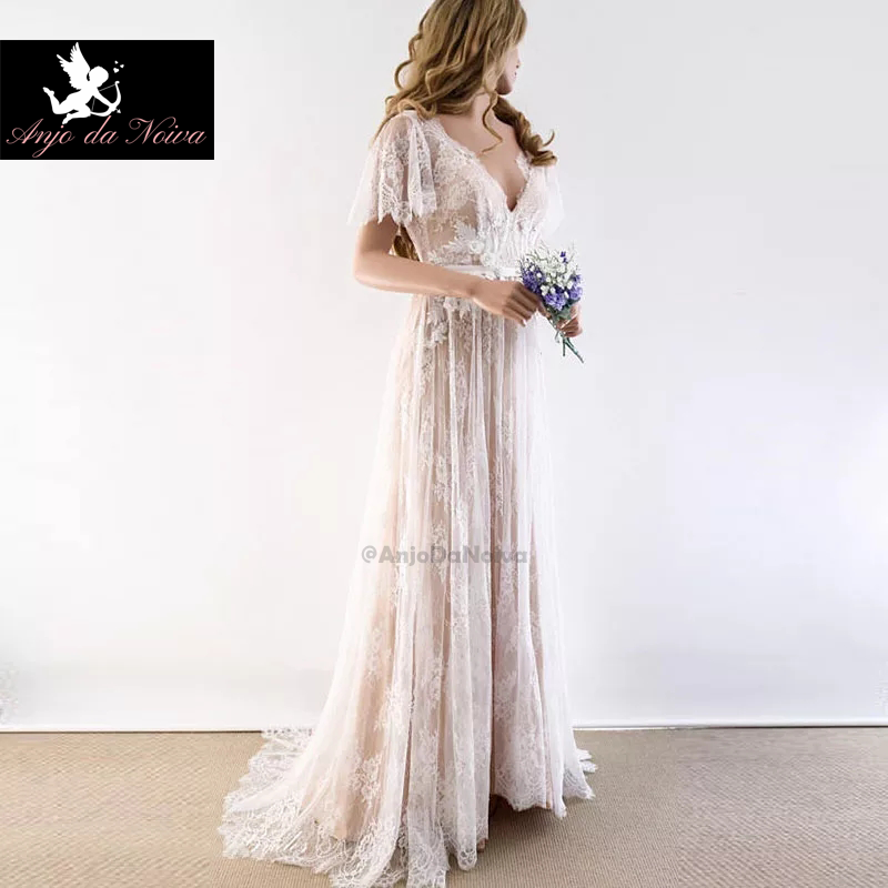 032 Vestido de Noiva boho Império com mangas