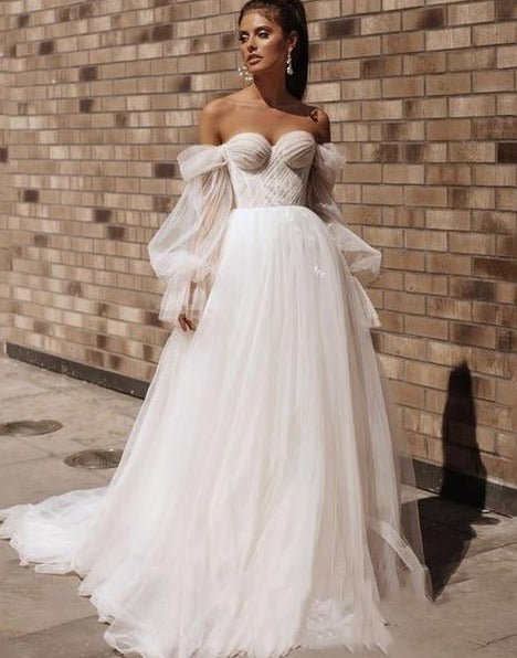 Casamento Vestido Boca De Sino Manga Bufante Vestido De Noiva Com