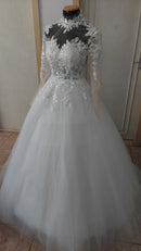 #184 Vestido evasê manga longa renda floral