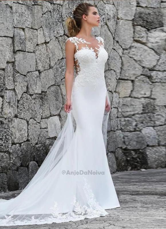 #045 Vestido de Noiva Sereia vintage decote ilusion